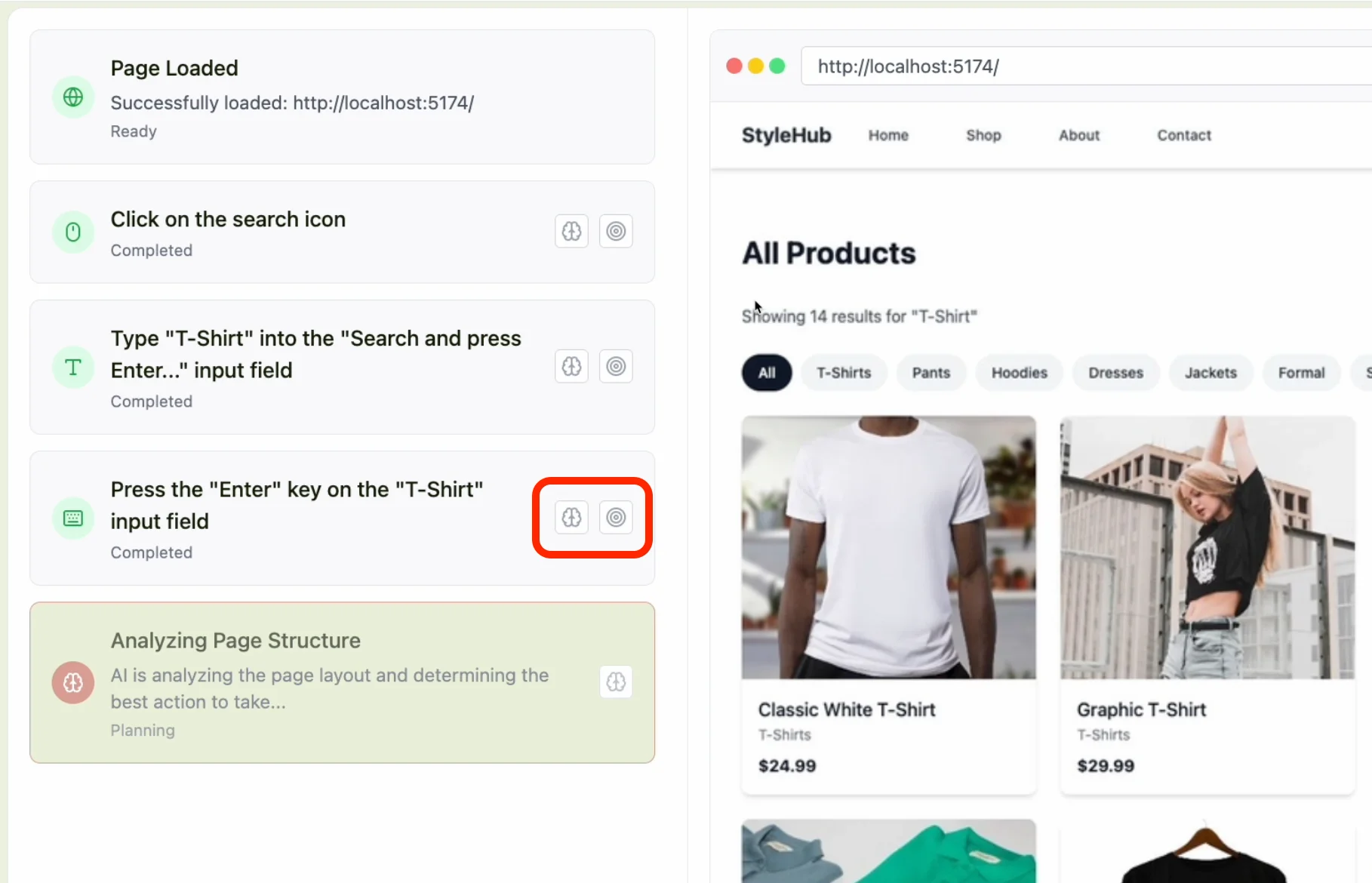 Timeline action buttons showing brain and target icons